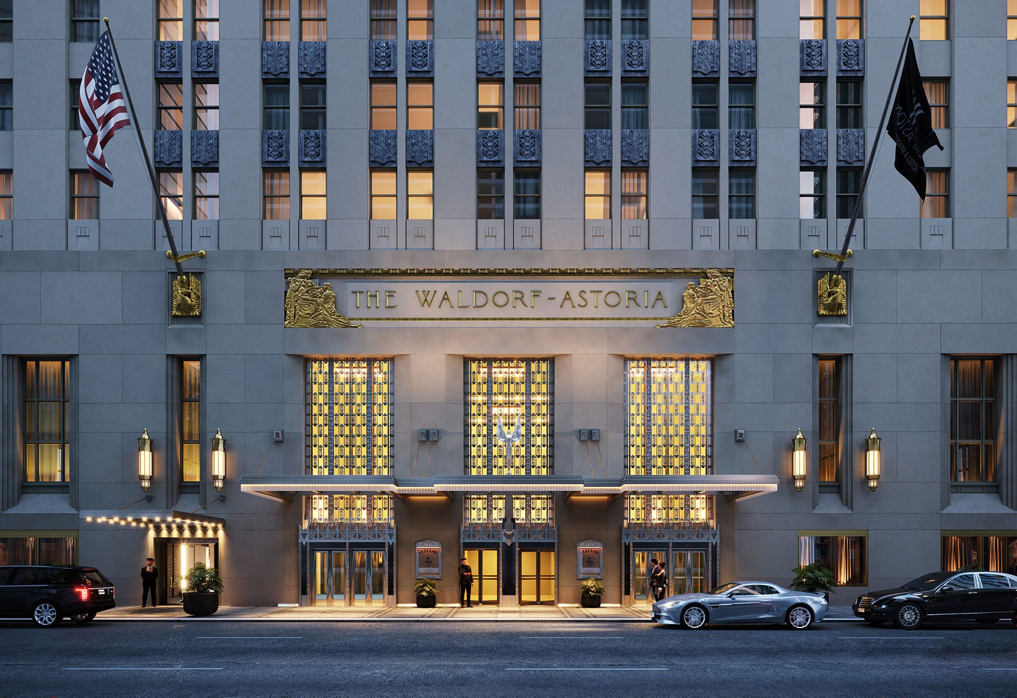 Doormen Standing in Front of the Waldorf Astoria Main Hotel Entrance