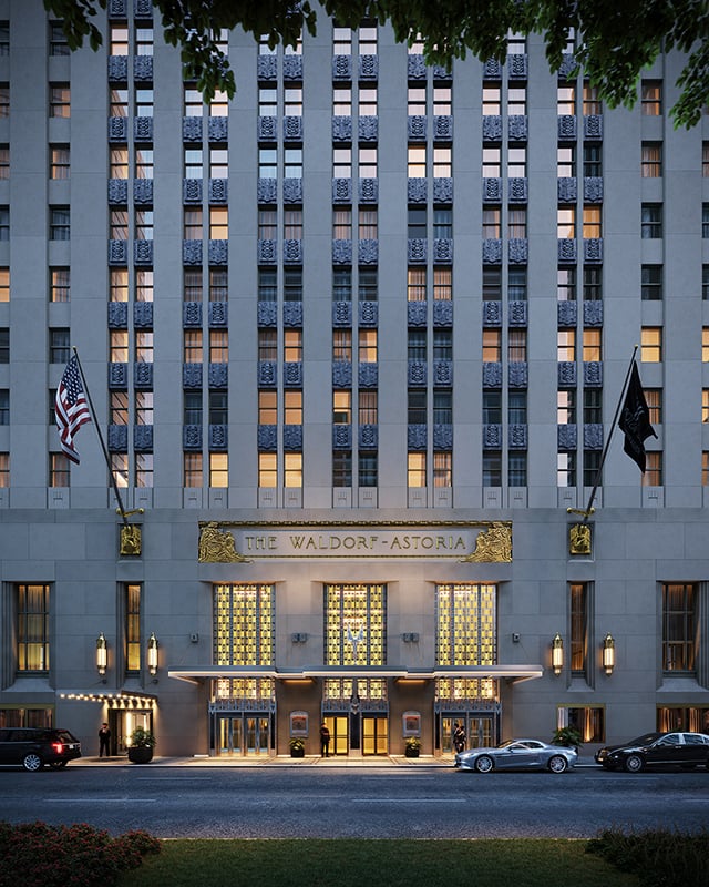 Front View of the Waldorf Astoria Hotel in NYC at Sunset 