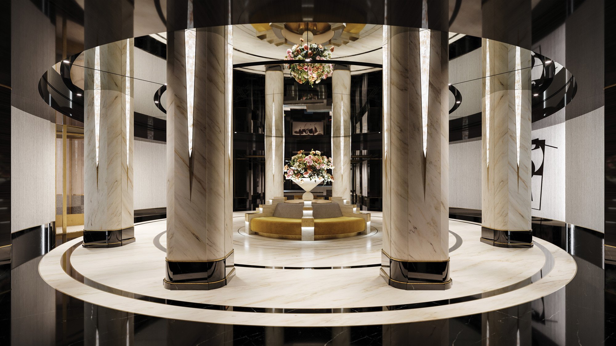 Waldorf Astoria Residential Lobby Featuring Marble Floors and Columns