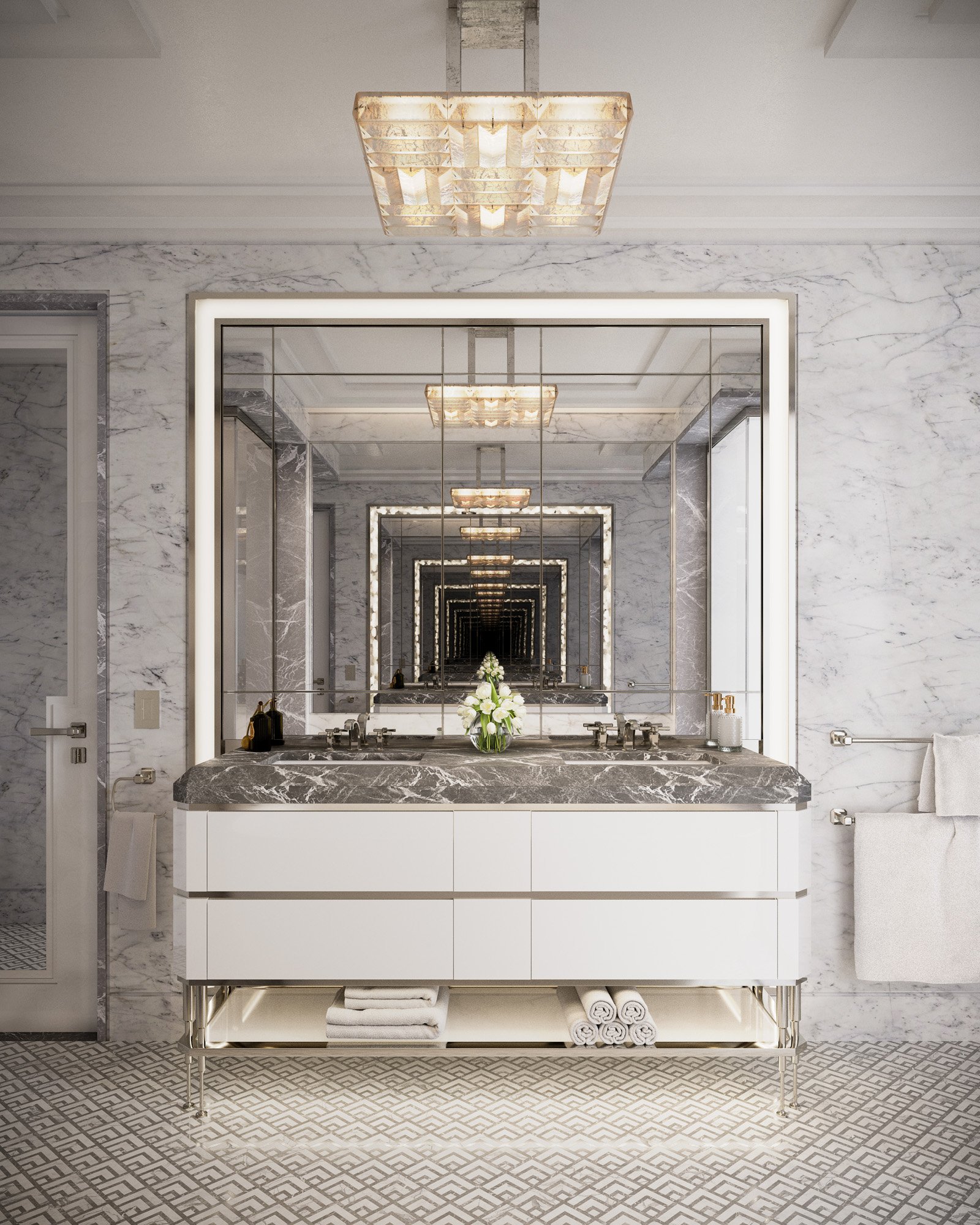 Natural Stone Finishes used in the Waldorf Astoria Residential Primary Bathroom