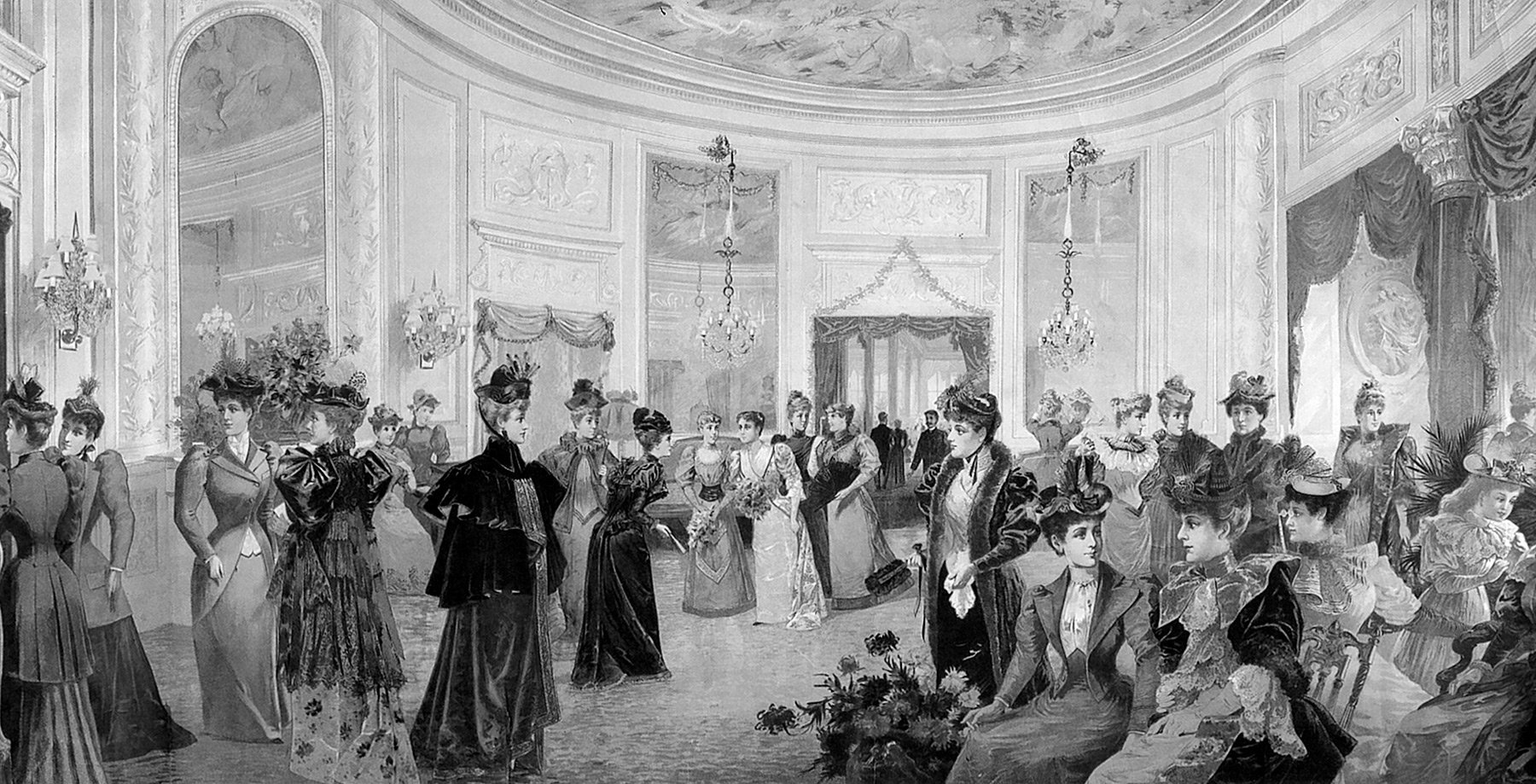 1893 Sketch of Elegant Women in the Waldorf Hotel Octagon Room